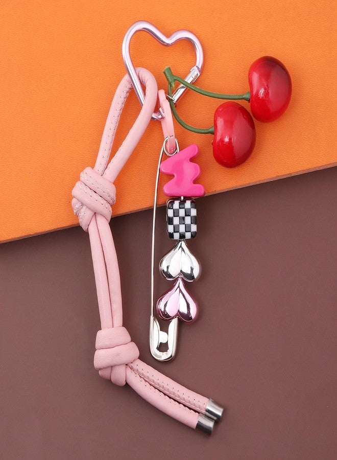SORGERLY Designer Bag Charm for Handbag - Pink Leather Rope Cherry Heart Letter Beaded - Cute Purse Tote Accessories for Women (Pink leather) - Image 2
